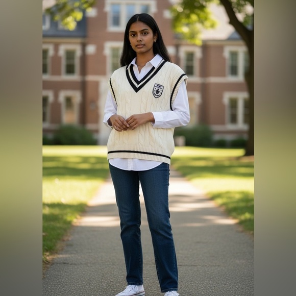 Sweaters - Cable Knit Sweater Vest Oversize Cream Black Contrast Crop Academia Preppy Crest